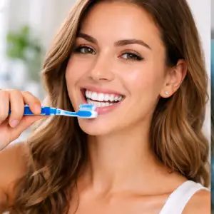 Smiling woman brushing teeth as part of daily oral hygiene routine at Essex County Dentist Newark