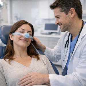 Patient receiving sedation dentistry treatment in Newark while a dentist ensures a comfortable and stress-free dental experience