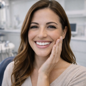 Professional teeth whitening in Newark – happy patient showing a bright and healthy smile after cosmetic dental care.